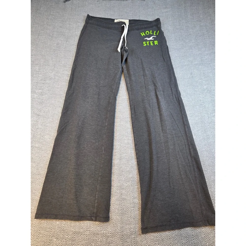 Hollister California Wide Leg Sweatpants Charcoal Gray Lime Green Logo Large
